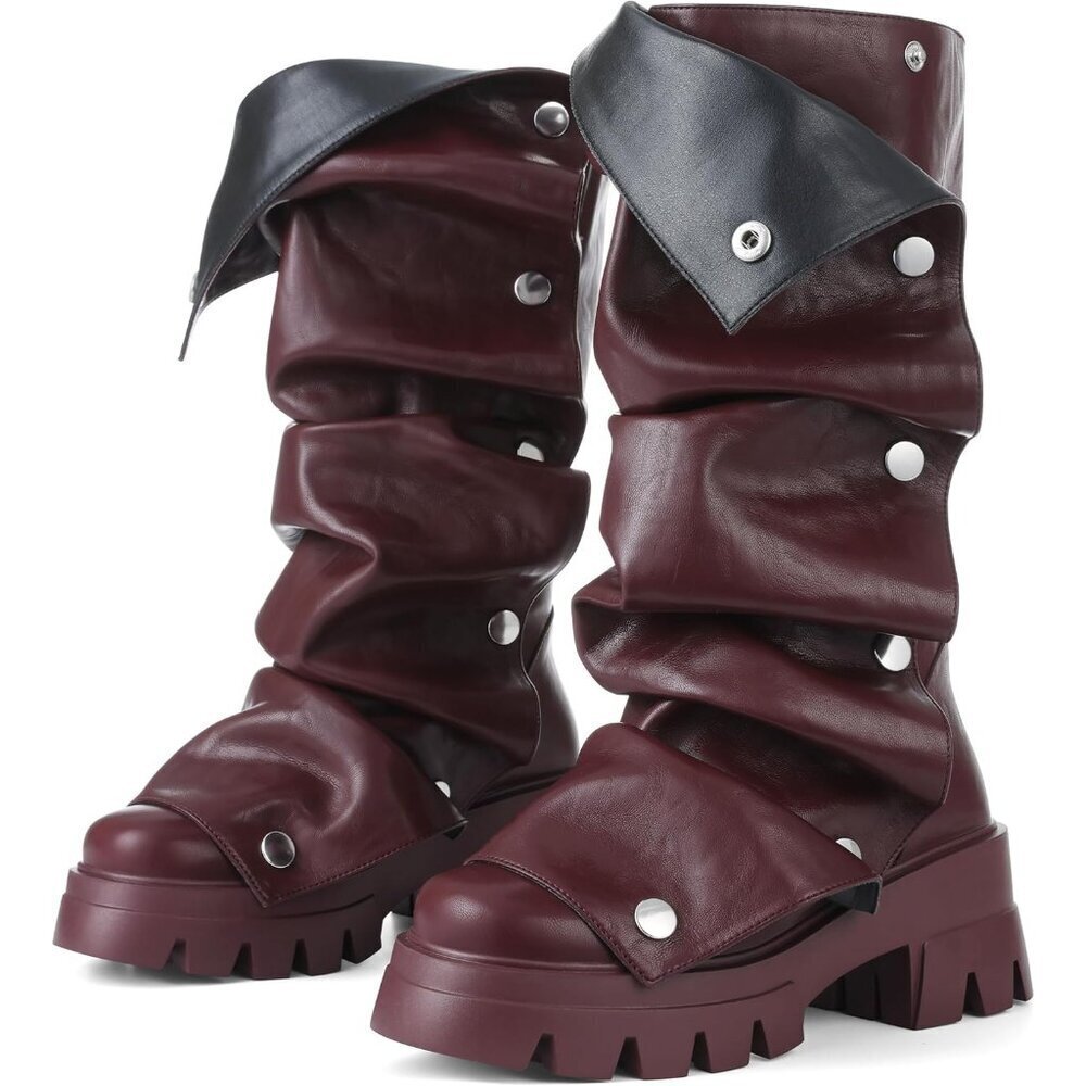 Women's Burgundy Pu Fold Over Knee Slouchy Ruched Stacked Heel Round Toe Boots